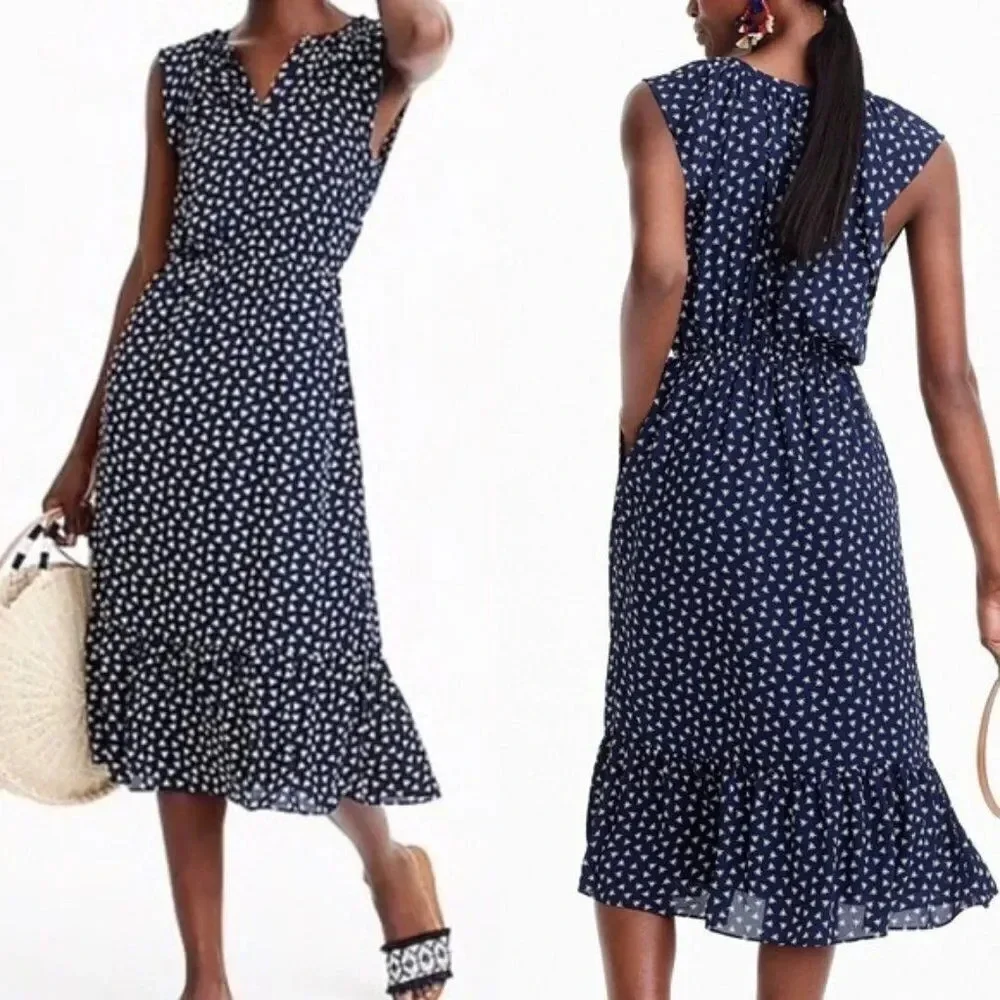 J. CREW Navy Midi Dress Navy White Dragonfly Cap Sleeve Size XS - Picture 1 of 11